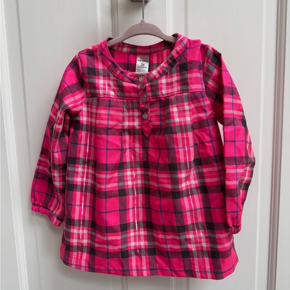 NWOT Carter’s 3T Pink,White & Black Plaid Long Sleeve Blouse Top